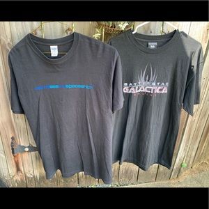 LOT OF 2 MEN’S GRAPHIC T-SHIRTS- BATTLESTAR GALACTICA & SPACE THEMED.